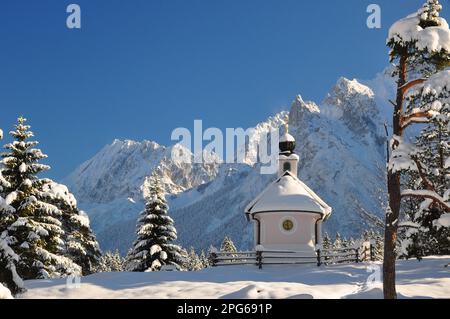 Winter, winter landscape, winter forest, mountains, Maria Rast Chapel, Karwendel Mountains, Mittenwald, Bavaria Stock Photo