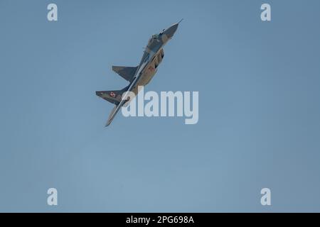 Polish Air Force Mig-29 Fighter Jet flying Above Turkey Countryside During Air-To-Air Flight Stock Photo