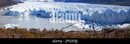 Wide Panoramic Landscape View of Famous Perito Moreno Glacier Ice,  Scenic Los Glaciares National Park, Unesco World Heritage Site Patagonia Argentina Stock Photo