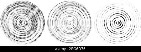 Halftone concentric circles set. Dotted rings collection. Epicentre, target, radar icon concept. Sound wave, radial signal, vibration or water elements. Vector  Stock Vector
