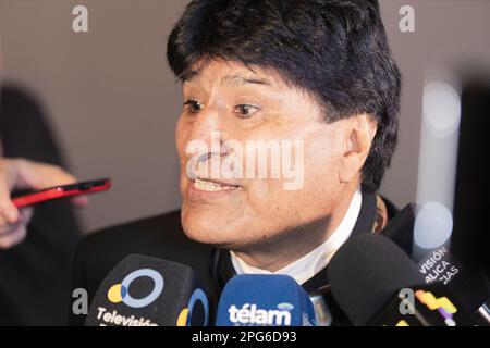 Buenos Aires, Argentina. 20th March 2023. Evo Morales, former President of the Plurinational State of Bolivia, answering questions to the media at the 3rd World Forum on Human Rights 2023. (Credit: Esteban Osorio/Alamy Live News) Stock Photo
