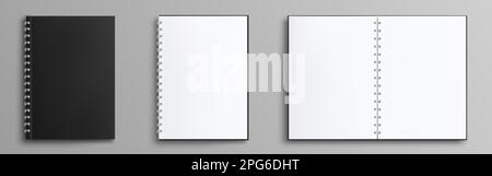 Spiral binder notebook vector mockup template with white paper. Realistic blank notepad planner mock up. Isolated note book with closed empty black cover and open sheet. Education a5 stationary. Stock Vector