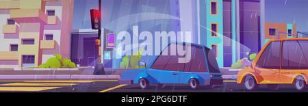 Cartoon city street with cars in rainy weather. Vector illustration of autos stop on crossroads under red traffic light, summer rainfall in town, houses and green bushes on sidewalk. Urban background Stock Vector