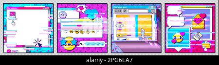 Social media posts with retro computer interface with glitch effect. Abstract posters templates with desktop PC screen design in retrowave style in neon colors, vector illustration Stock Vector