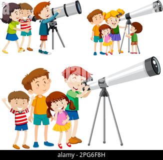 Playful Children Using Telescopes Vector Collection illustration Stock Vector