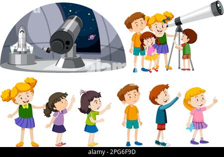 Playful Children Using Telescopes Vector Collection illustration Stock Vector