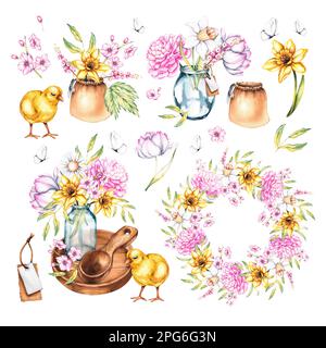 Set Of Wooden Dishes In Watercolor. Hand Drawn Clipart Of Empty Spoons 