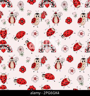 Seamless pattern with cute funny ladybugs on light pink background. Vector illustration. Endless background for decor, design, textiles, packaging, wa Stock Vector