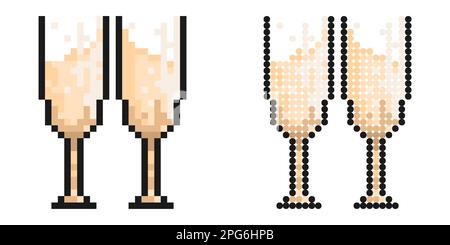 Pixel icon. Glasses with festive sparkling champagne. Cheers with glasses at New Year table. Simple retro game vector isolated on white background Stock Vector