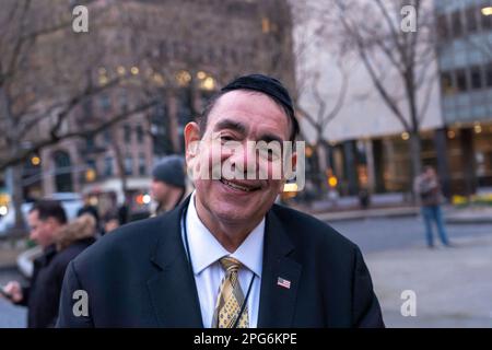 New York, United States. 20th Mar, 2023. Heshy Tischler attends a rally, outside the court house, in support of former President Donald Trump amid his complex legal situation, which he has suggested could lead to his arrest on Tuesday on March 20, 2023 in New York City. (Photo by Ron Adar/SOPA Images/Sipa USA) Credit: Sipa US/Alamy Live News