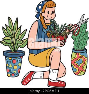 Young woman planting plants in pots illustration in doodle style isolated on background Stock Vector