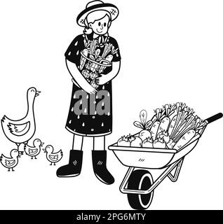 Gardener with a cart with vegetables illustration in doodle style isolated on background Stock Vector