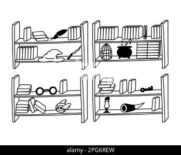Shelves with magic books in outline doodle style. Vector illustration isolated on white background. Stock Vector