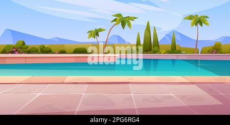 Swimming pool in hotel or resort outdoors, empty poolside with blue water, palm trees, green plant fencing and tiled floor on mountain landscape background. Exotic island cartoon vector illustration Stock Vector