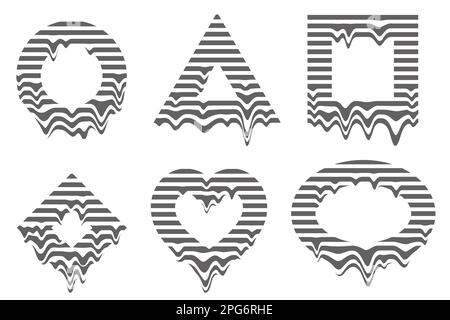 Glitch cyberpunk geometric shapes. Abstract graphic design elements. Futuristic melted drips. Liquid circle, triangle and square set. Vector digital Stock Vector