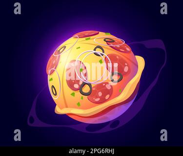 Pizza planet in outer space. Vector cartoon funny art of food planet, sphere with pizza texture in cosmos. Illustration for gui of fantasy game about tasty galaxy world Stock Vector