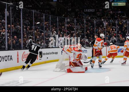 Los Angeles, California, USA. 20th Mar, 2023. CARL GRUNDSTROM of the NHL's Los Angeles Kings celebrates a goal during a game against the Calgary Flames at Crypto.com Arena in Los Angeles, California on March 20, 2023 (Credit Image: © Alex Cave/ZUMA Press Wire) EDITORIAL USAGE ONLY! Not for Commercial USAGE! Stock Photo