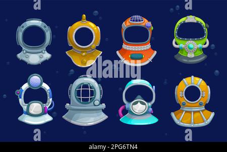 Cartoon kids diver photo booth or underwater helmets, vector aqualungs for video chat filter mask effect. Scuba diving retro aqualung helmets, templat Stock Vector