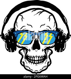 Skull head wearing sunglasses and listening music in headphones. skull pirate, vector illustration in monochrome vintage style isolated on white Stock Vector
