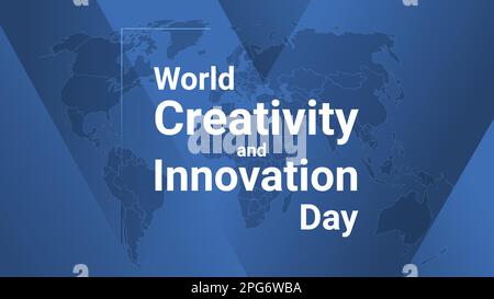 World Creativity and Innovation Day holiday card. Poster with earth map, blue gradient lines background, white text. Flat style design banner. Vector Stock Vector