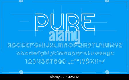 Slim line creative font or typeface, modern type. English alphabet minimalistic letters and digits, latin ABC punctuation and numeral symbols linear v Stock Vector