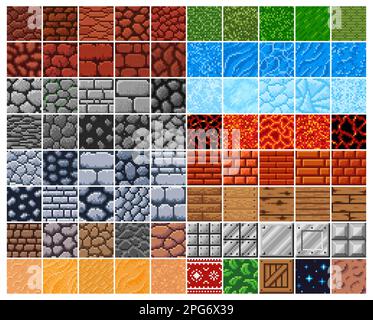 Retro 8 bit pixel surface patterns, stone, brick and wooden box, sand and metal vector tiles. Rock, grass, water, ice and lava in 8bit pixel, pattern Stock Vector