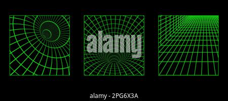 3D wireframe posters with geometric shapes and grids in trendy retro cyberpunk 80s 90s style. Y2k aesthetic. Stock Vector