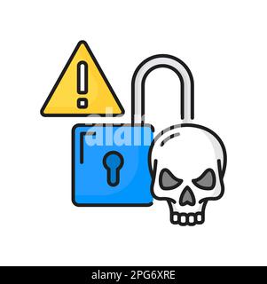 Lock and skull attention alert isolated color line icon. Vector digital data technology, access to privacy and caution about warning, hacker threat Stock Vector
