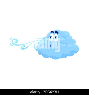 Cartoon wind weather character, isolated vector mischievous cloud blowing air currents or gusts of wind from mouth. Nature and climate meteorology for Stock Vector