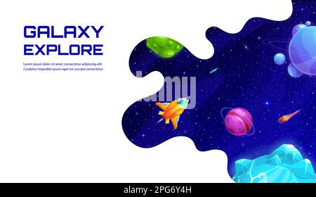Space landing page, cartoon spaceship in starry galaxy. Vector background with spacecraft travel in Universe. Shuttle flying in alien world explore co Stock Vector