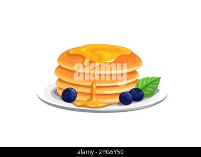 Cartoon pancakes with honey, crepes dessert or sweet food, vector yummy breakfast. Pancakes on plate with blueberry berries and honey topping drips fo Stock Vector