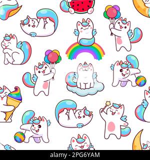 Cartoon funny cute caticorn seamless pattern. Vector repeated background with cute unicorn cat character sitting on rainbow or cloud, holding balloons Stock Vector