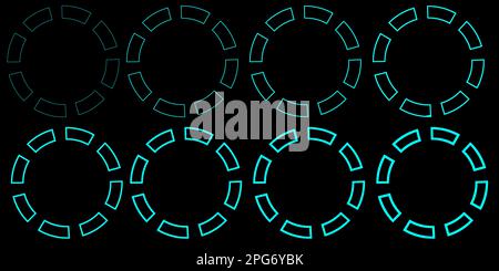 Set of neon blue circles on a black background.   gear circle light blue hologram technology Stock Photo