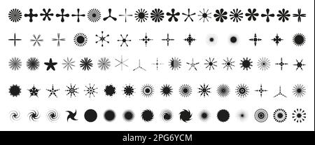 Simple minimalistic black elements, abstract brutalist geometric shapes. Basic form Y2K figure star, flower, grain, crystal, swirl. Swiss primitive Stock Vector