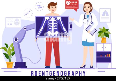 Roentgenography Illustration with Fluorography Body Checkup Procedure, X-ray Scanning or Roentgen in Health Care Flat Cartoon Hand Drawn Templates Stock Vector