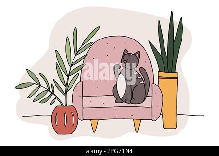 Doodle Cat on the couch. Hand-drawn pet in a cozy interior with plants in a pot. Grey striped animal licks its paw at home. Line kitten sits and washe Stock Vector