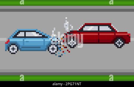 Damaged cars after collision on the road, pixel art illustration Stock Vector