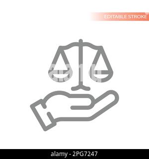 Hand and justice weight scales line icon. Law, legal outline symbol. Stock Vector