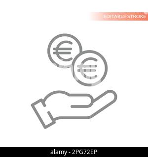 Money euro coin and hand icon. Simple line vector symbol. Stock Vector