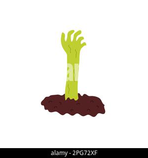 Zombie hand rising from the grave. Green hand of Halloween character isolated element Stock Vector