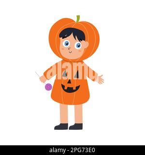 Cute Halloween kid wearing pumpkin costume. Funny trick or treat boy or girl with a candy Stock Vector