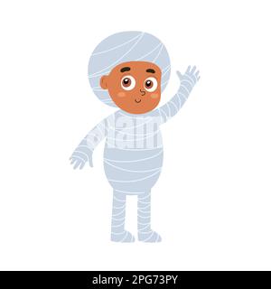 Cute Halloween kid wearing mummy costume. Funny trick or treat boy, girl waving with a hand Stock Vector