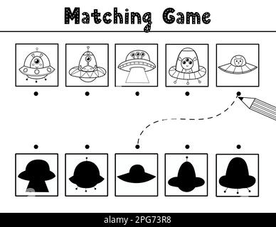 Find the correct shadow matching game with cute aliens in flying saucers Stock Vector