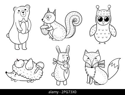 Cute forest animals collection. Fall woodland black and white characters for kids design Stock Vector