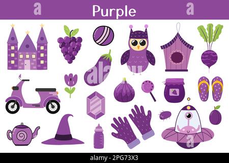Learn the primary colors. Violet. Different objects in violet color.  Educational material for children and toddlers. Stock Vector