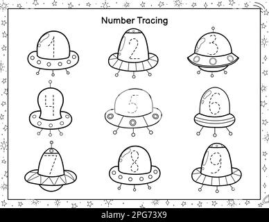 Trace numbers black and white activity page for kids. Space handwriting practice worksheet Stock Vector