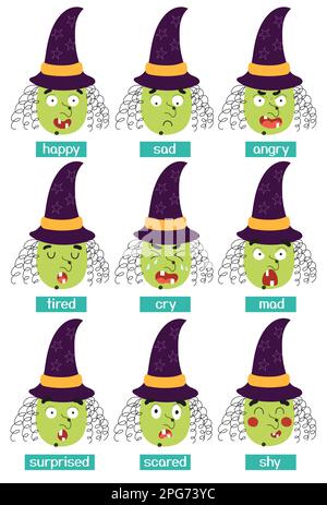 Witch emotions set. Big set of cartoon faces. Halloween character expressing emotions collection Stock Vector
