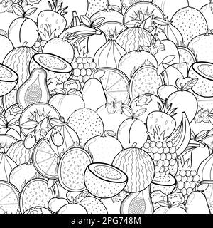 Doodle fruits seamless pattern for coloring book. Food coloring page Stock Vector