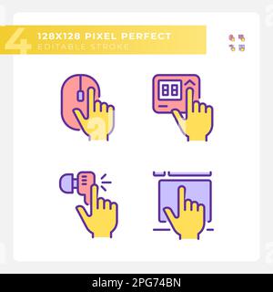 Yellow hands pressing keys on devices RGB color icons set Stock Vector