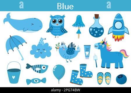 Learning colors. Blue color. Flashcard for kids. Cute cartoon characters.  Picture set for preschoolers. Education worksheet. Vector illustration  Stock Vector Image & Art - Alamy